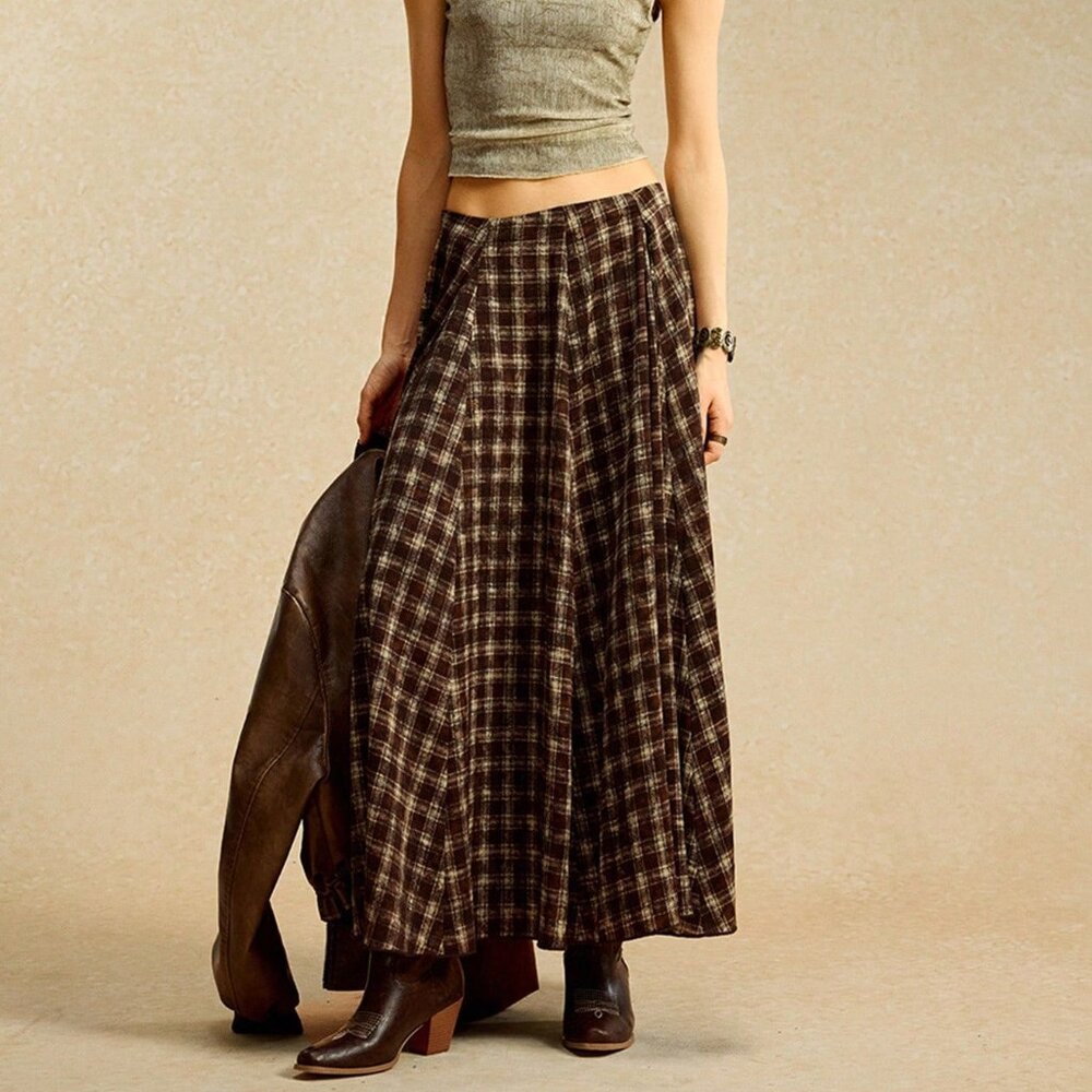Mocha Brown Casual Women's Long Loose Plaid Skirt - Picture 4 of 8